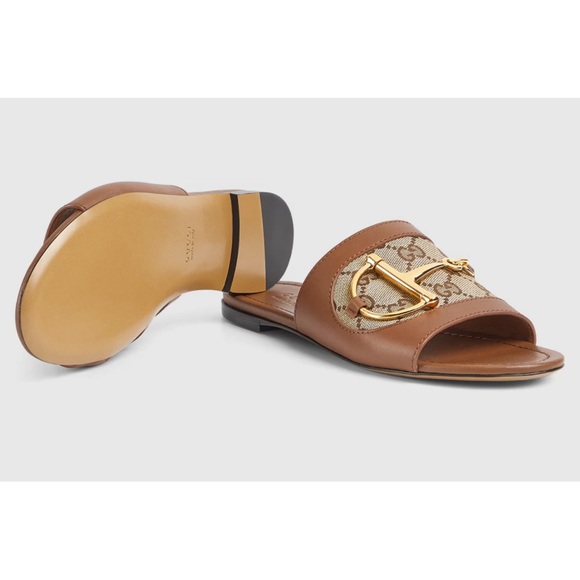 Gucci Alfa Gold Horsebit Brown GG Canvas Logo Leather Mule Flat Slip Sandal 37.5 - Picture 5 of 16